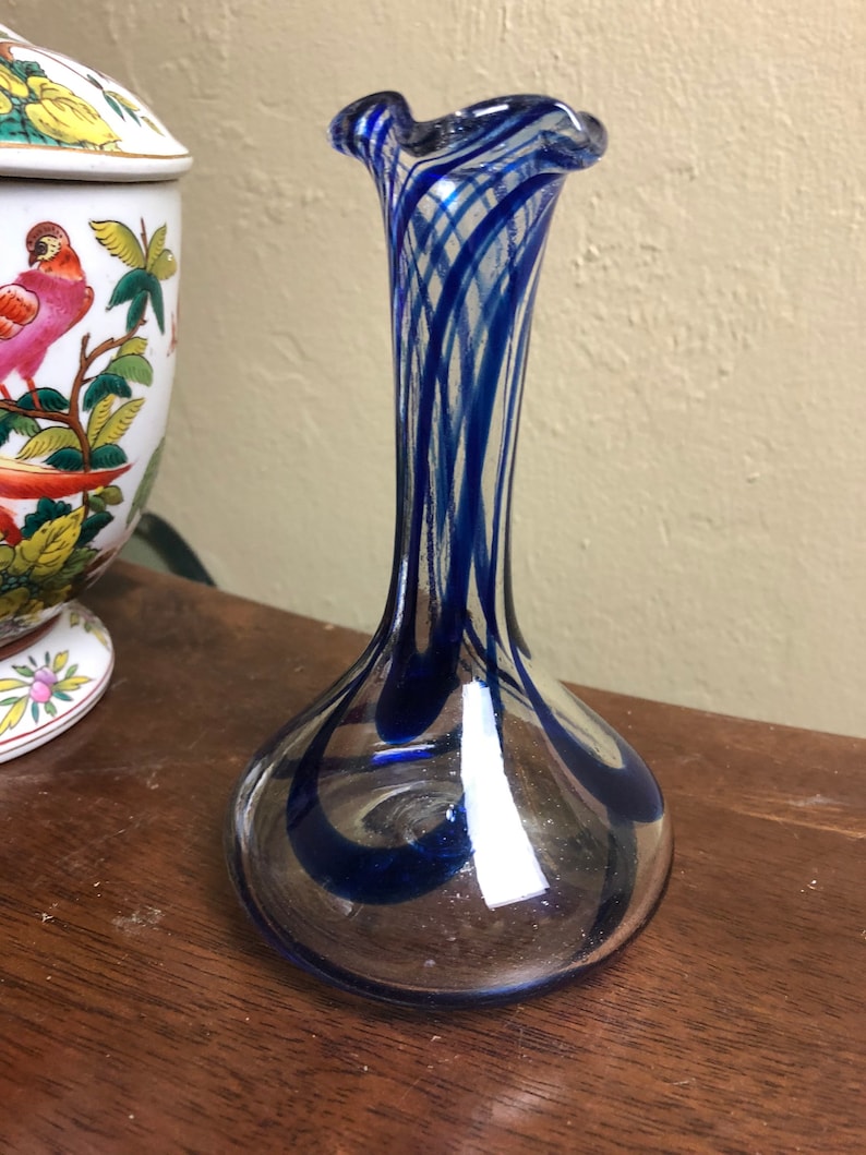 Vintage Hand Blown Clear Glass with Cobalt Blue Swirls