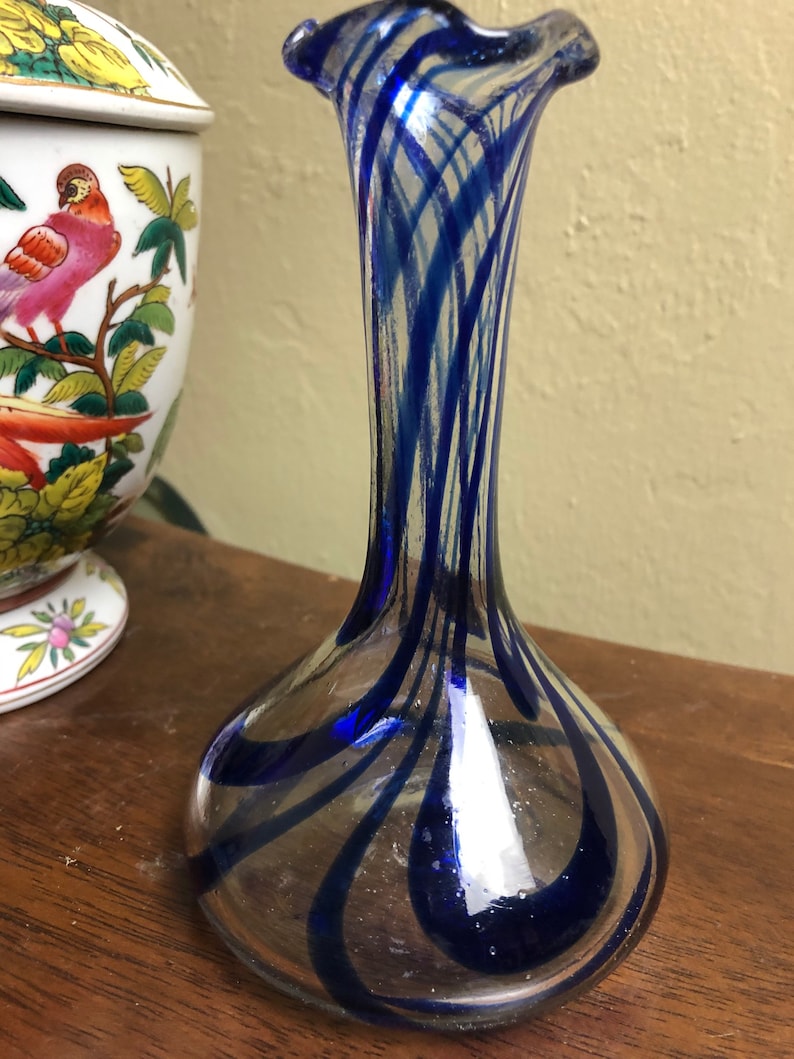 Vintage Hand Blown Clear Glass with Cobalt Blue Swirls