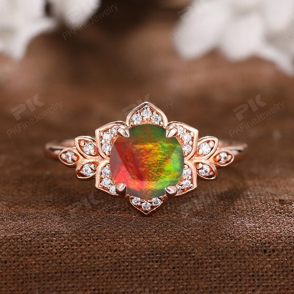Natural Canada Ammolite Engagement Ring, Round 2CT Ammolite Rose Gold Bridal Ring, Floral Halo Promise Ring, Vintage Unique Wedding Ring
