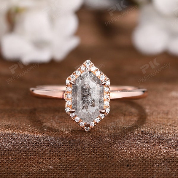 Long Hexagon Shape Halo Wedding Ring, 18k Rose Gold Salt and Pepper Diamond Quartz Ring, Vintage Promise Ring, Antique Women Engagement Ring