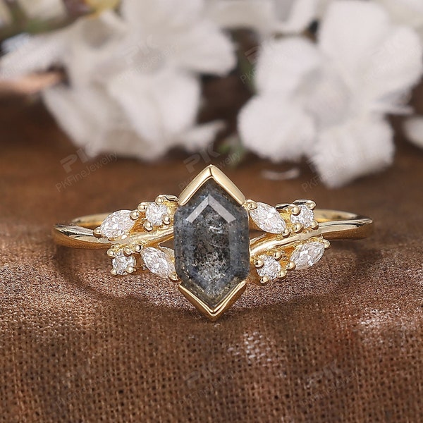 Salt and Pepper Diamond Engagement Ring, Long Hexagon Cut Herkimer Diamond Ring, Art Deco Natural Quartz Promise Ring, Anniversary Ring Gift