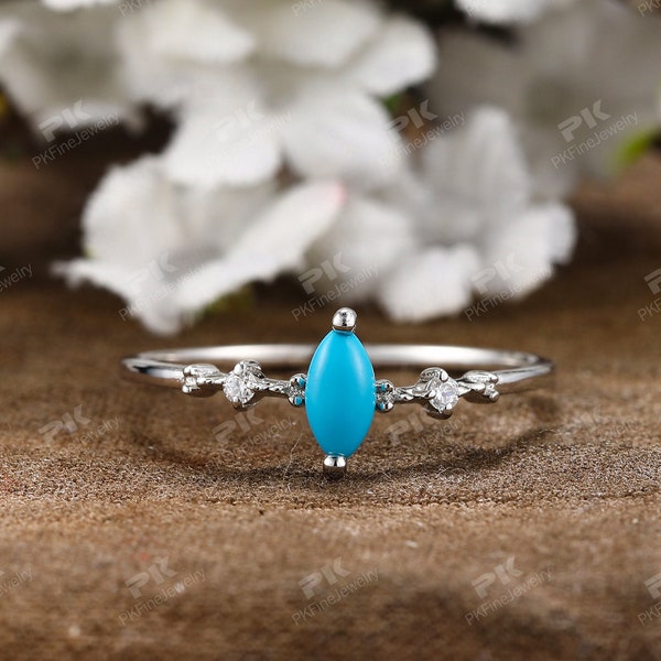 Unique Minimalist 14k White Gold Turquoise Promise Ring For Her, Vintage Turquoise Ring, Dainty Victorian Marquise Turquoise Engagement Ring