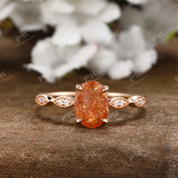 Vintage Milgrain 1.5ct Oval Sunstone Engagement Ring, Unique Art Deco Sunstone Wedding Ring, Rose Gold Antique Sunstone Promise Ring For Her