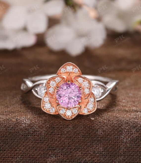 Natural Pink Sapphire Flower Ring Floral Design Engagement Ring