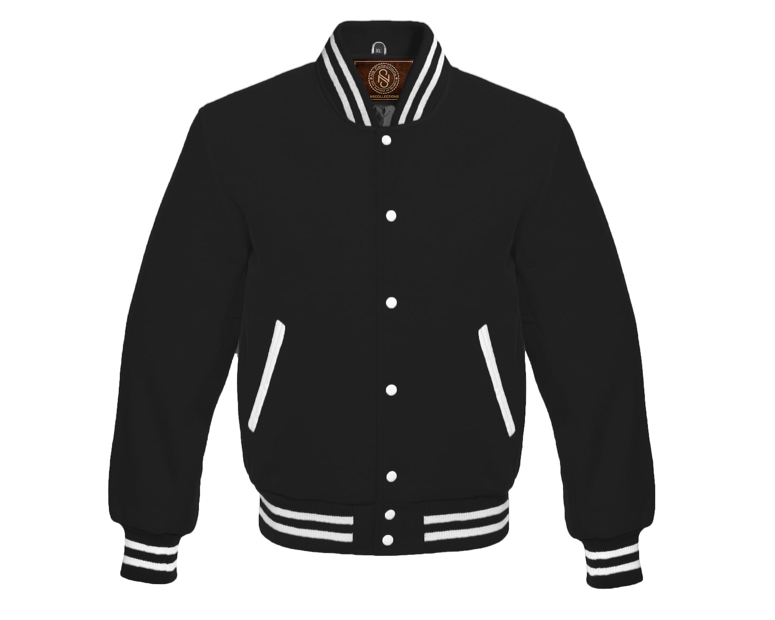 All Black Wool With White Stripes Varsity Jacket Letterman Baseball
