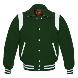 All Wool Varsity Coller Jacket Letterman Baseball Bomber Style Forest Green and white