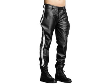 Men's Leather Pants Biker Bluf Breeches Trousers Punk Motorcycle Lederhosen Cuir