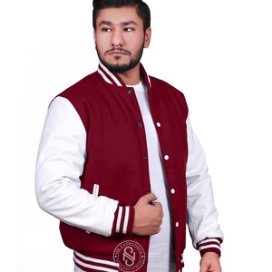thumbnail image 2 of Mens Vintage Varsity Bomber Jacket – Wool Blend With Genuine Cowhide Leather Sleeves – Green Letterman Baseball Coat 2 of 5