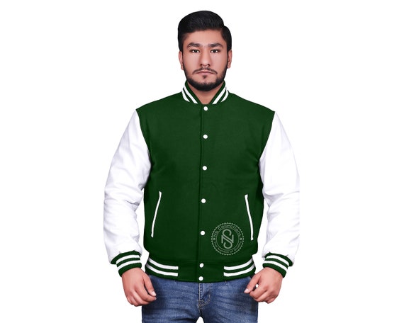 Varsity Letterman Bomber Baseball Forest Green Wool & Gray Leather Sleeve  jacket