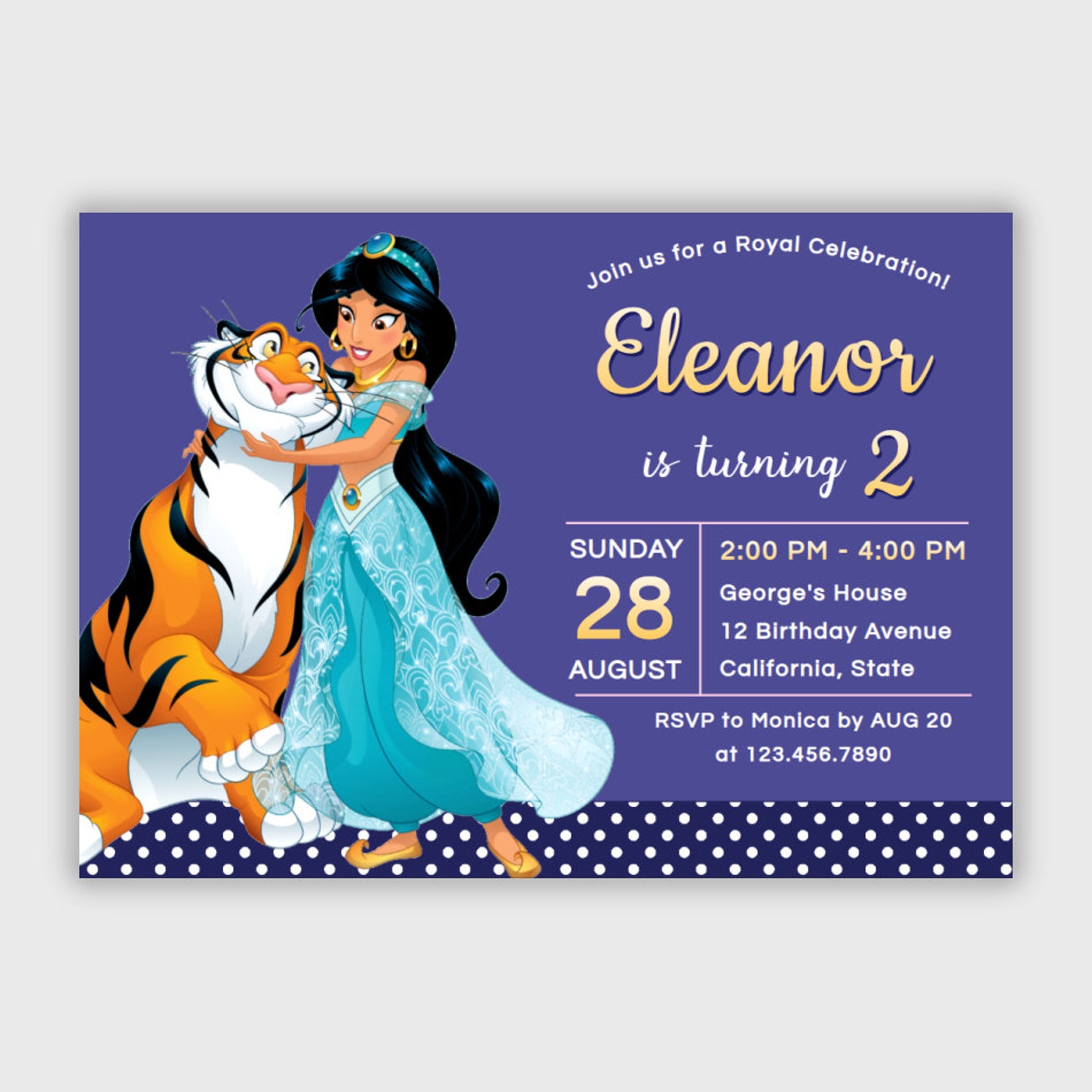 Princess Jasmine Birthday Invitation Disney Aladdin Girl Etsy