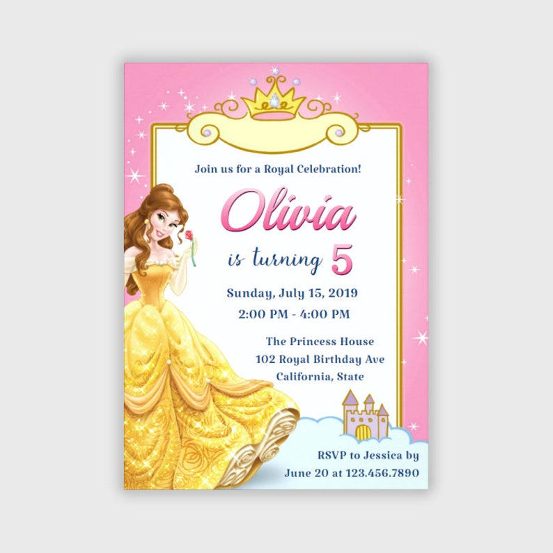 Princess Belle Girl Birthday Invitation Disney Beauty and the - Etsy