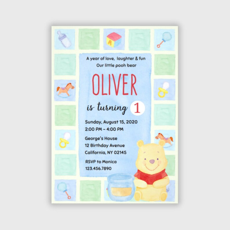 Winnie the Pooh Birthday Invitations First Birthday Party Etsy