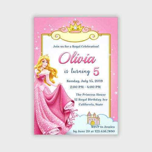 Personalized girls Birthday party invites Princess Aurora/Sleeping Beauty x8 set