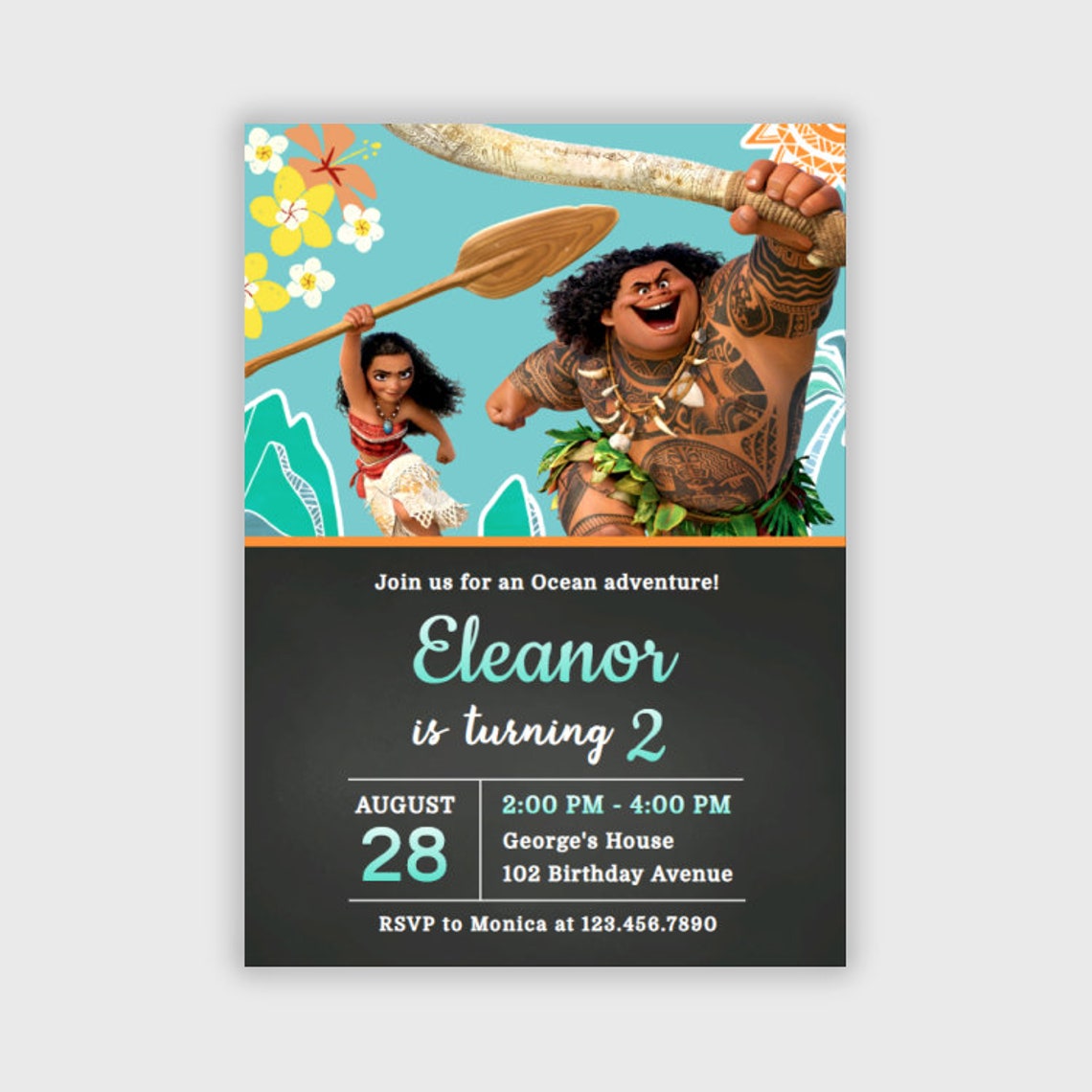 Moana Birthday Invitation Maui Birthday Party Invites Black Etsy