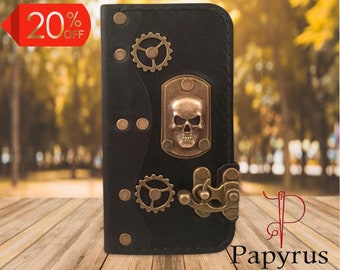 Personalized steampunk style skull genuine black leather iPhone folio wallet case custom made to order case for iPhone - Papyrus Crafts