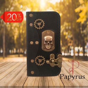 Funda de billetera tipo folio para iPhone de cuero negro genuino con calavera estilo steampunk personalizada hecha a medida para iPhone - Papyrus Crafts