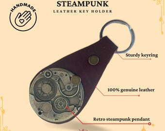 Handmade Leather Keyring with Large Steampunk Pendant | Unique Vintage Gear & Cog Accessory | Perfect Gift for Steampunk Lovers