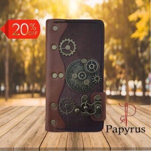 Personalisierte Retro-Stil Steampunk echtes braunes Leder iPhone Folio Portemonnaie Maßgeschneiderte Hülle für iPhone - Papyrus Crafts