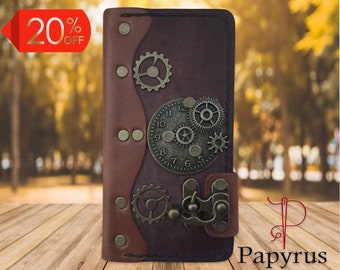 Personalized retro style steampunk genuine brown leather iPhone folio wallet case custom made to order case for iPhone -Papyrus Crafts