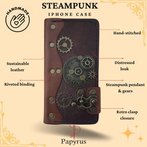 Custodia a portafoglio per iPhone in vera pelle marrone steampunk in stile retrò personalizzata, realizzata su ordinazione, per iPhone - Papyrus Crafts