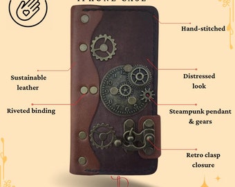 Personalized retro style steampunk genuine brown leather iPhone folio wallet case custom made to order case for iPhone - Papyrus Crafts