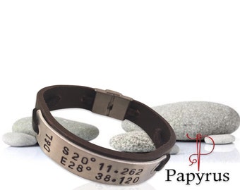Personalized leather bracelet, Men’s engraved bracelet, Coordinates bracelet, Men’s accessory, Id name bracelet, Anniversary gift, Jewellery
