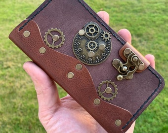 Personalized retro style steampunk genuine brown leather iPhone folio wallet case custom made to order case for iPhone - Papyrus Crafts