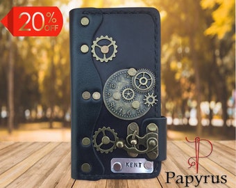 Personalized retro style steampunk genuine brown leather iPhone folio wallet case custom made to order case for iPhone - Papyrus Crafts