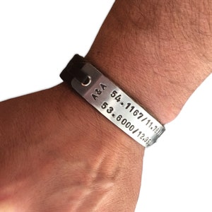 Personalized leather bracelet, Men’s engraved bracelet, Coordinates bracelet, Men’s accessory, Id name bracelet, Anniversary gift, Jewellery