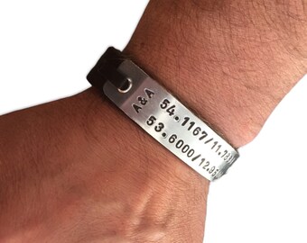 Personalized leather bracelet, Men’s engraved bracelet, Coordinates bracelet, Men’s accessory, Id name bracelet, Anniversary gift, Jewellery
