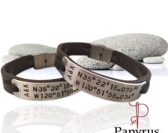 Personalized leather bracelets for couples, Unisex engraved couple bracelets, GPS coordinates bracelet, Men’s accessory, Id name bracelet