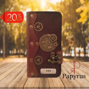 Funda de cuero para iPhone hecha a mano con temática steampunk, funda de billetera personalizada, funda de cuero personalizable para teléfono, estilo vintage