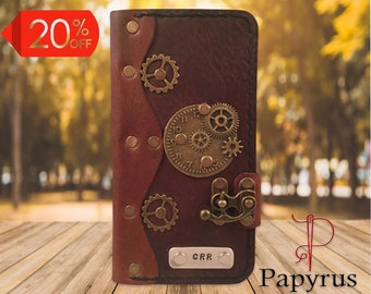 Handmade Leather iPhone Folio Case - Steampunk Theme, Personalized Wallet Cover, Customizable Leather Phone Case, Vintage Style