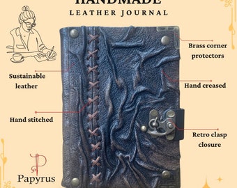 May include: Handmade leather journal with a distressed brown finish. The journal features a hand-stitched spine, brass corner protectors, a hand-creased cover, and a retro clasp closure. The journal is made from sustainable leather and is labelled "Papyrus".