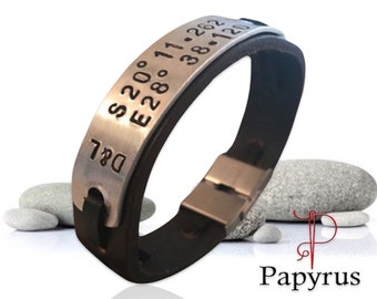 Personalized leather bracelet, Men’s engraved bracelet, Coordinates bracelet, Men’s accessory, Id name bracelet, Anniversary gift, Jewellery