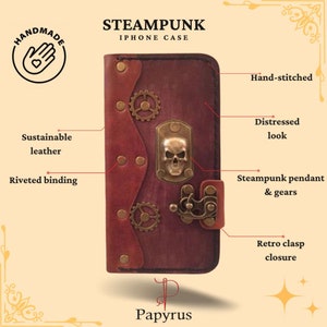 Personalized steampunk style skull genuine black leather iPhone folio wallet case custom made to order case for iPhone - Papyrus Crafts