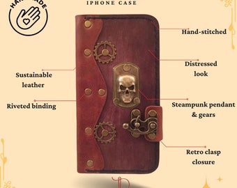 Personalized steampunk style skull genuine black leather iPhone folio wallet case custom made to order case for iPhone - Papyrus Crafts