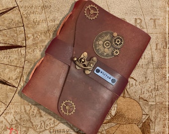 Papyrus Crafts - Steampunk-Inspired Personalized Handmade Leather Journal, Rustic Leather Diary, Distressed Leather Notebook, Scrapbook