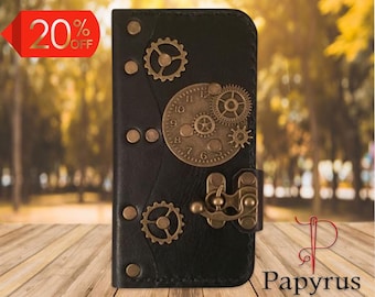 Handmade Leather Steampunk iPhone Folio Case - Customizable Wallet Cover with Retro Clasp, Vintage Style, Personalized Gift
