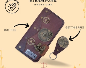 Handmade Leather iPhone Folio Case - Steampunk Theme, Personalized Wallet Cover, Customizable Leather Phone Case, Vintage Style