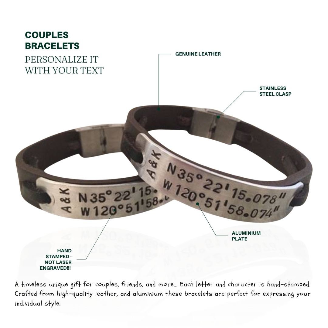 Personalized Leather Bracelets for Couples, Unisex Engraved Couple