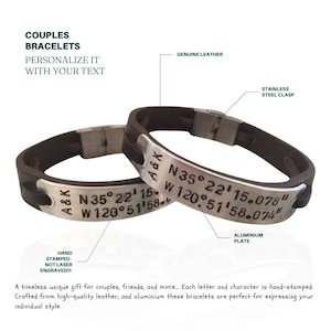 Personalized leather bracelets for couples, Unisex engraved couple bracelets, GPS coordinates bracelet, Men’s accessory, Id name bracelet