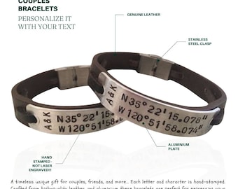 Personalized leather bracelets for couples, Unisex engraved couple bracelets, GPS coordinates bracelet, Men’s accessory, Id name bracelet