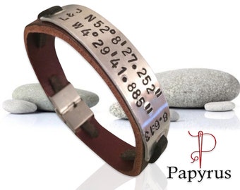 Personalized leather bracelet, Men’s engraved bracelet, Coordinates bracelet, Men’s accessory, Id name bracelet, Anniversary gift, Jewellery