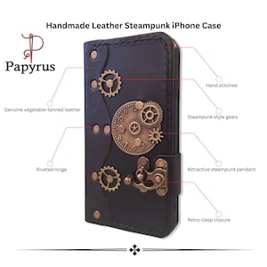 Personalisierte Retro-Stil Steampunk echtes schwarzes Leder iPhone Folio Portemonnaie Hülle nach Maß für iPhone - Papyrus Crafts