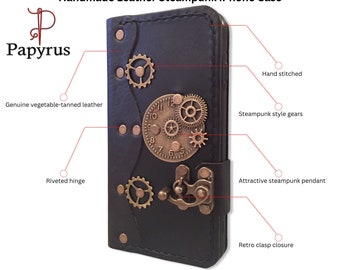 Personalized retro style steampunk genuine black leather iPhone folio wallet case custom made to order case for iPhone -Papyrus Crafts