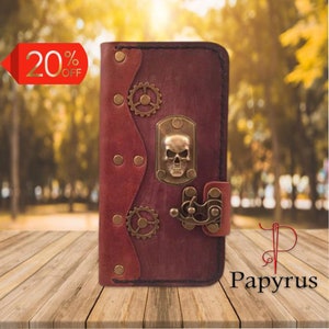 Personalized steampunk style skull genuine black leather iPhone folio wallet case custom made to order case for iPhone - Papyrus Crafts
