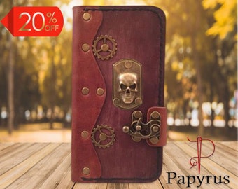 Personalized steampunk style skull genuine black leather iPhone folio wallet case custom made to order case for iPhone - Papyrus Crafts
