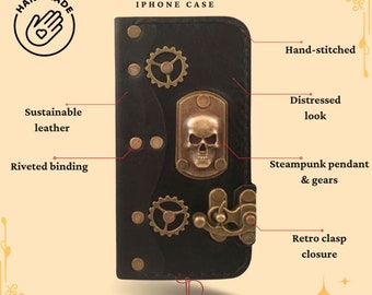 Papyrus Crafts - Personalized steampunk style skull genuine black leather iPhone folio wallet case custom made to order case for iPhone