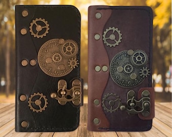 Steampunk inspired personalized retro style genuine leather iPhone folio wallet case custom made to order case for iPhone - Papyrus Crafts